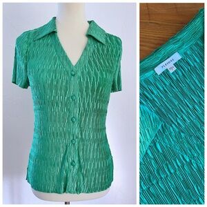 NWOT Anthropologie Pleione Emerald Pleated Button-up Blouse Top Sz L